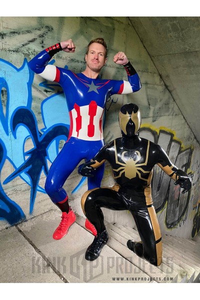 Male 'American Hero' Latex Neck Entry Cosplay Catsuit With Feet