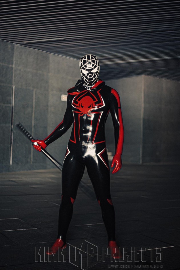 Male 'Spidey Warrior' Black Latex Hooded Catsuit