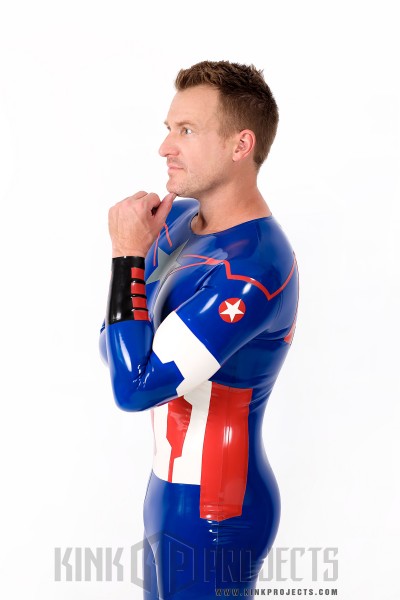 Male 'American Hero' Latex Neck Entry Cosplay Catsuit With Feet