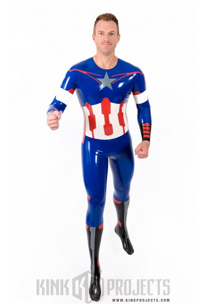 Male 'American Hero' Latex Neck Entry Cosplay Catsuit With Feet