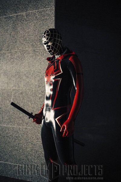 Male Black Latex Hooded 'Spidey Warrior' Catsuit