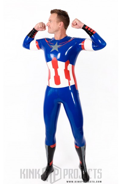 Male 'American Hero' Latex Neck Entry Cosplay Catsuit With Feet