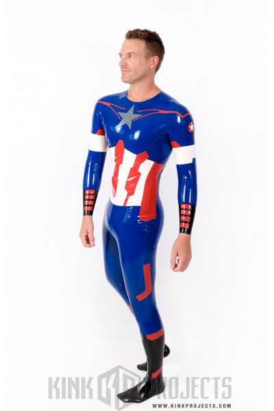 Male 'American Hero' Latex Neck Entry Cosplay Catsuit With Feet