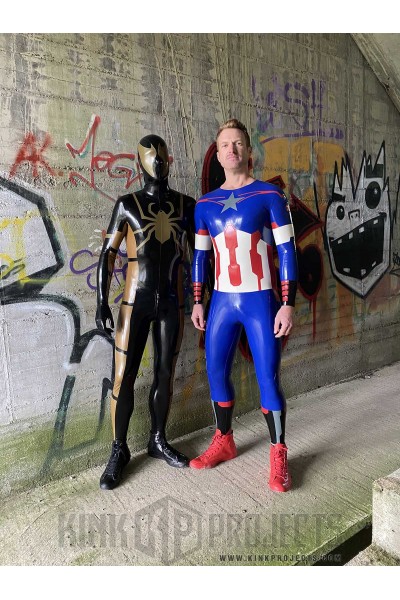 Male 'American Hero' Latex Neck Entry Cosplay Catsuit With Feet